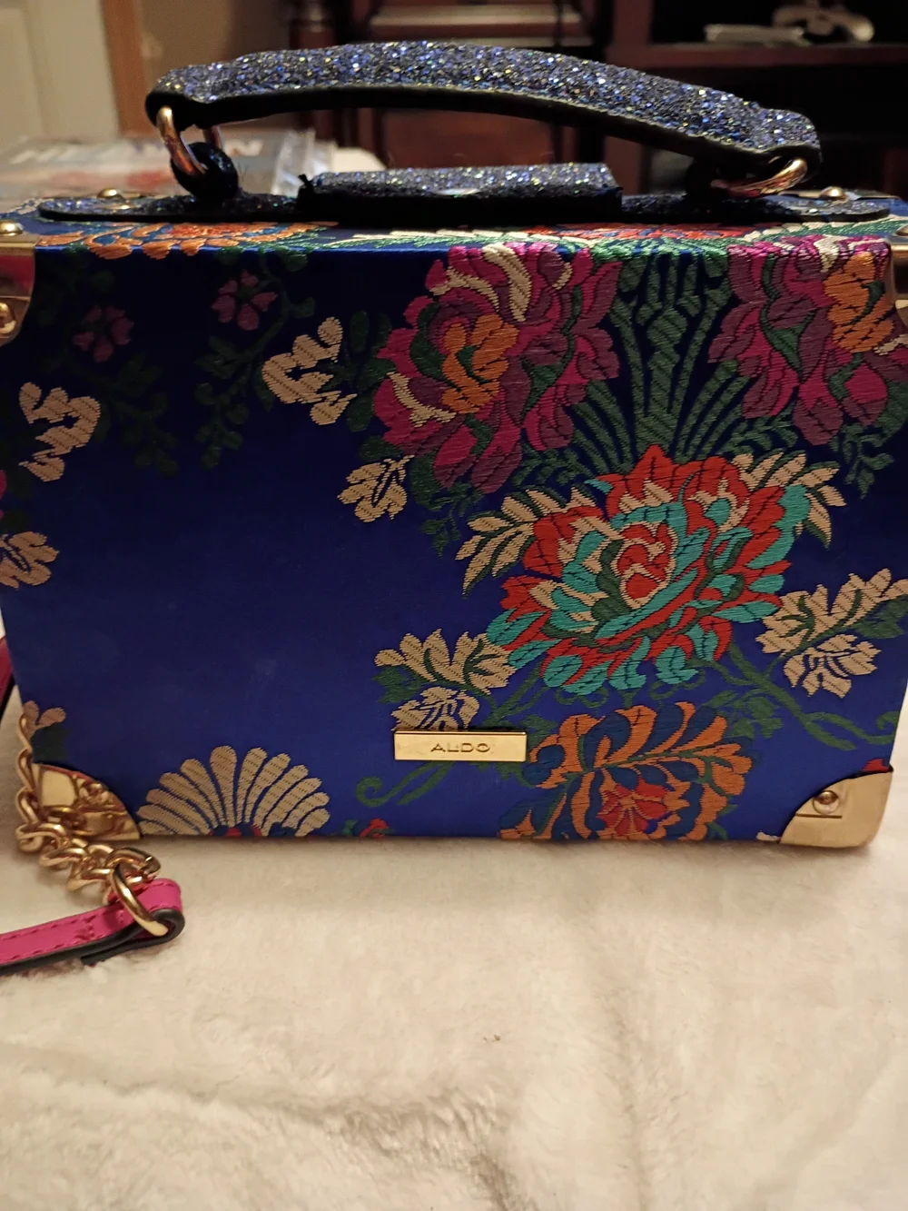 Aldo Asian Inspired BrocadeBlue Floral Box Crossbody with Gold Hardware
